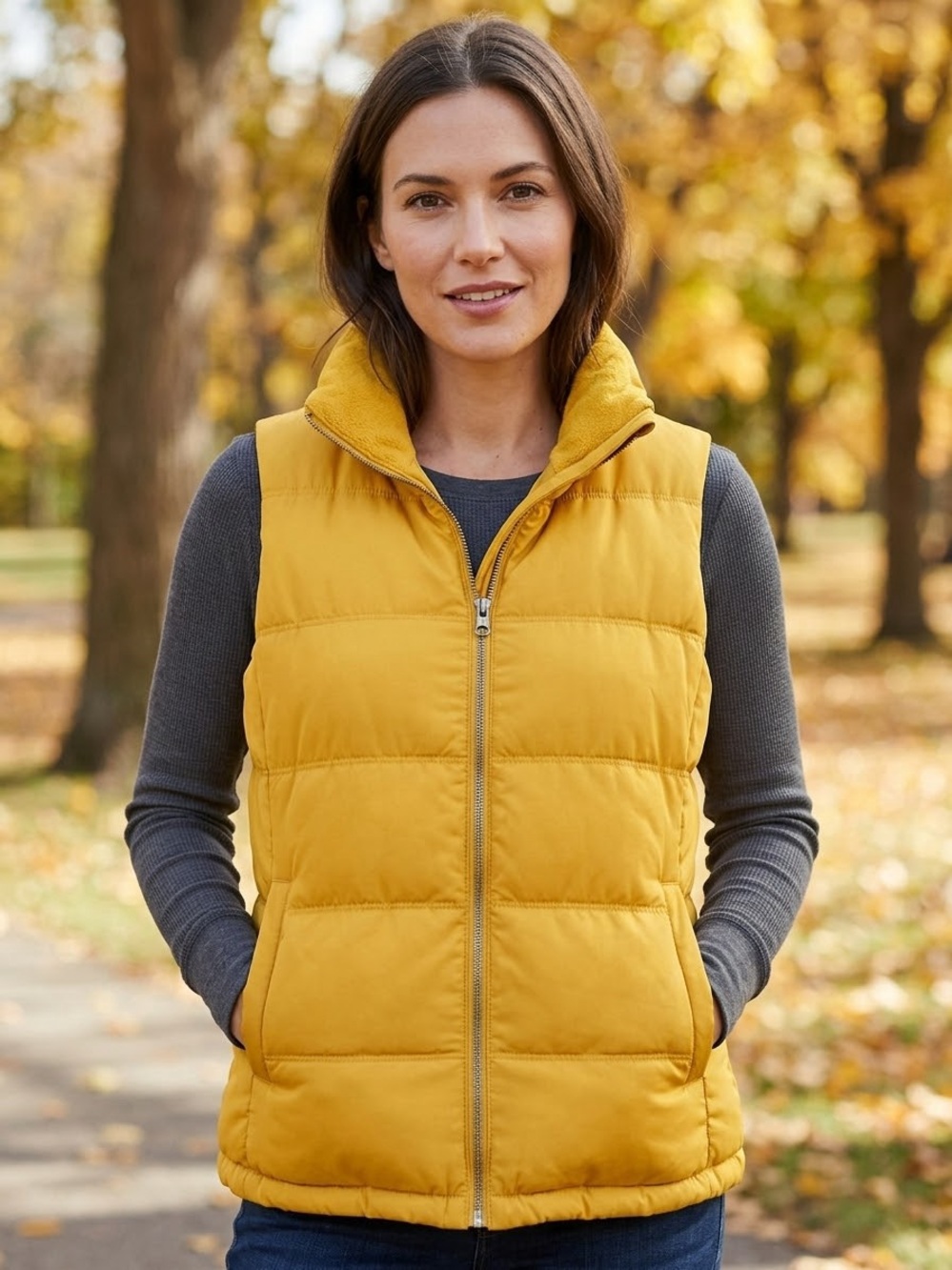 Old Navy Yellow Puffer Vest Fleece Lined Full Zip Mustard Gold Womens Size L